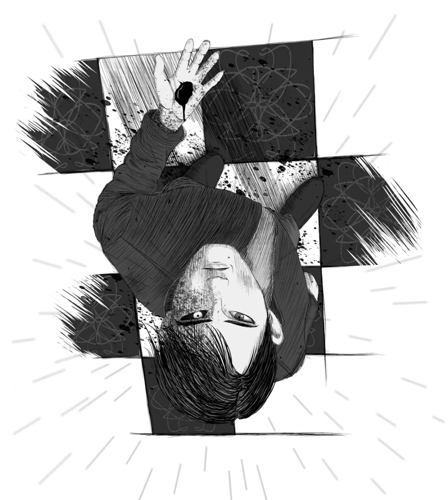 Hullik valami, egy fiatal férfi vagy valami démoni pedig felnéz.