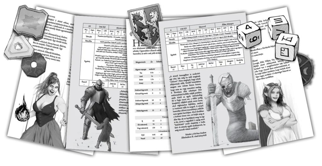 A Nevodamaan szerepjáték könyv oldalai, dobókockákkal, érmékkel és címerekkel.